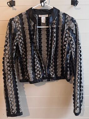 ZELDA Vintage Black Lace Floral Jacket Women’s 6 Faux Leather Trim Gothic